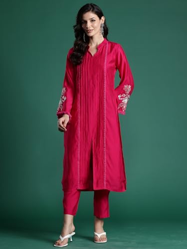 Image of INDO ERA Women's Red Embroidered Silk Blend Straight Co-Ord Set (IESTR6841)