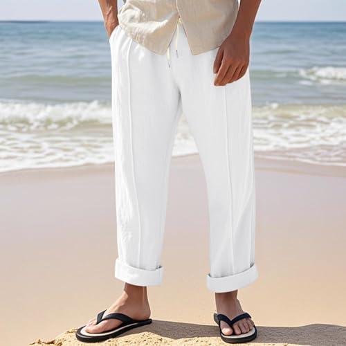 Mens Linen Pants Straight Leg Casual Summer Yoga Pant Loose Fit Drawstring Elastic Waist Beach Trousers with Pockets3