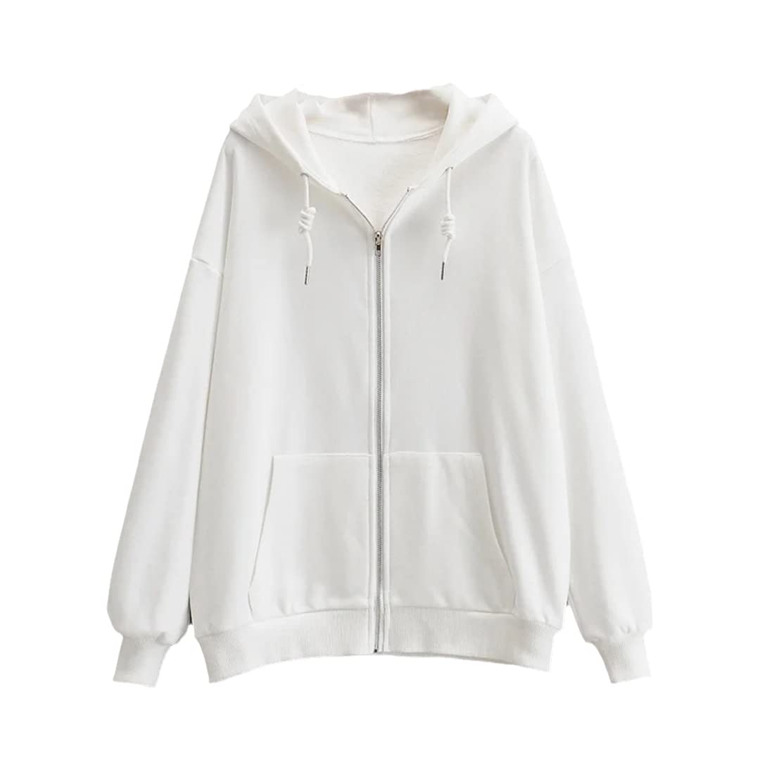 Damska zapinana na zamek oversize bluza z kapturem solidna dzianinowa codzienna odzież wierzchnia bluzy z kapturem biała S