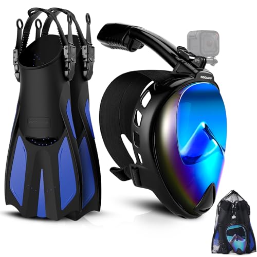 Odoland Snorkeling Packages for Adults & Youth, Full Face Snorkel Mask with Camera Mount, Adjustable Swim Fins, Mesh Bag, Anti-Fog Anti-Leak Scuba Diving Gear for Men & Women Black S/M(Mask＜