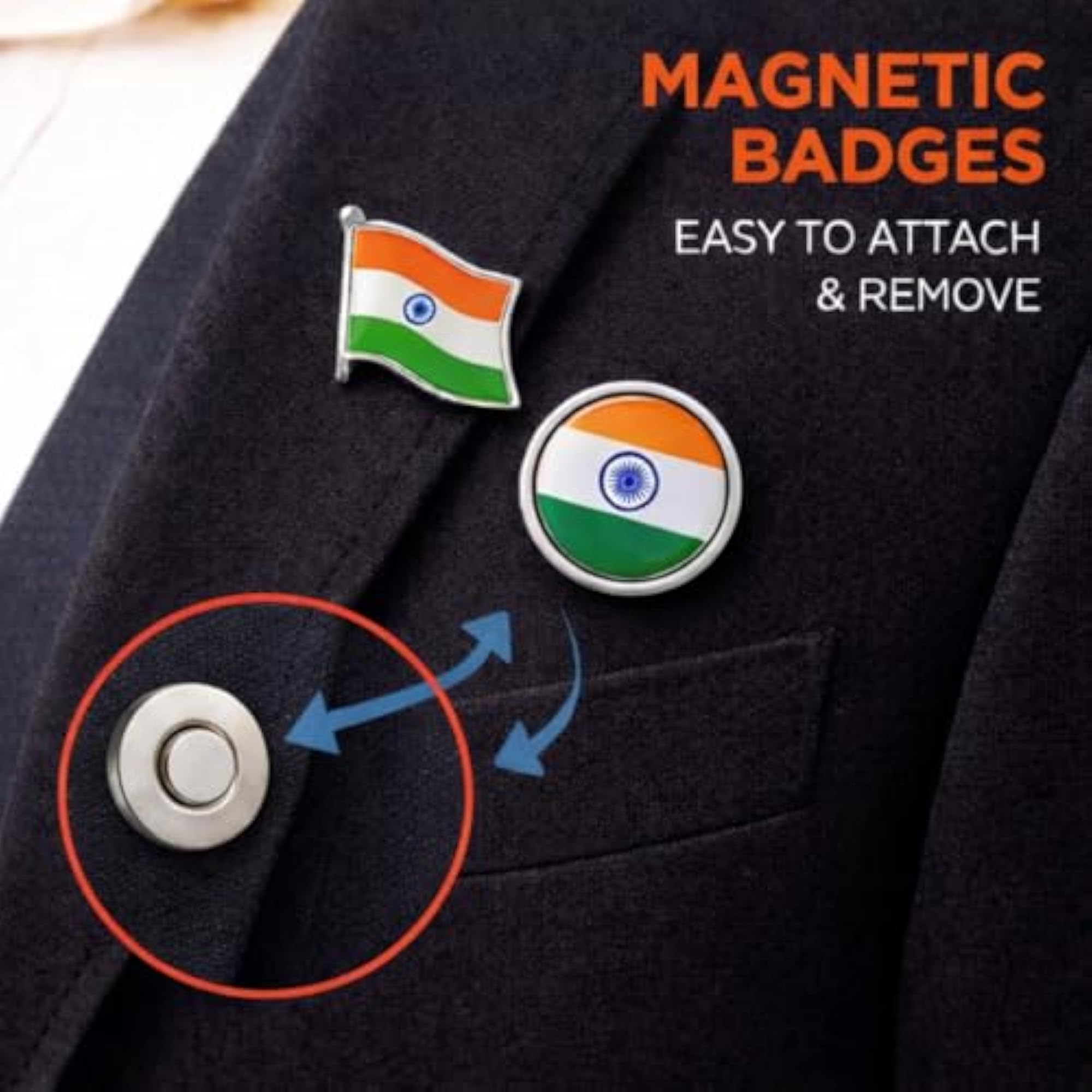 Premium Indian Flag Magnetic Badge, Tricolour Combo