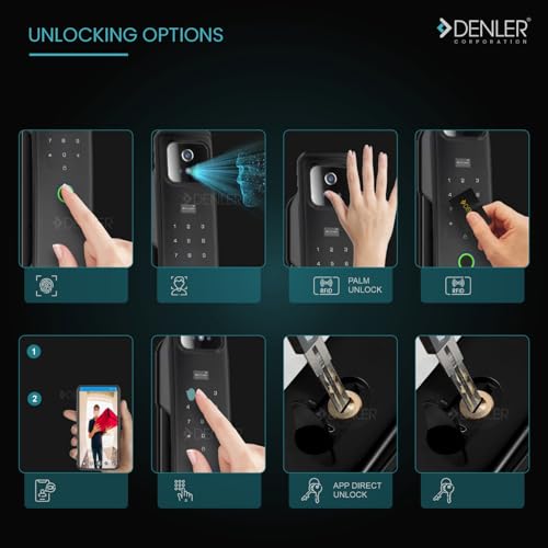 Image of Denler FLv2 8-in-1 Smart Door Lock | 3D Face ID | Fingerprint | App Unlock | LCD Camera | Inbuilt Wi-Fi | Alexa & Google Support | Android & iPhone | RFID | PIN | Key | 5 Years Warranty