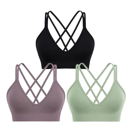 Image of Sports Bra for Women V-Neck Strappy Criss Cross Yoga Bra Padded Medium Support Workout Gym Athletic Fitness Bras 3 Pack