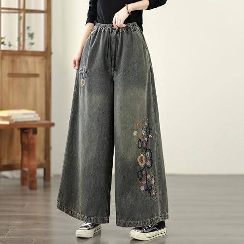LAI MENG FIVE CATS Women's Baggy Jeans Embroidery Drawstring Elastic Waist Wide Leg Denim Loose Pants2