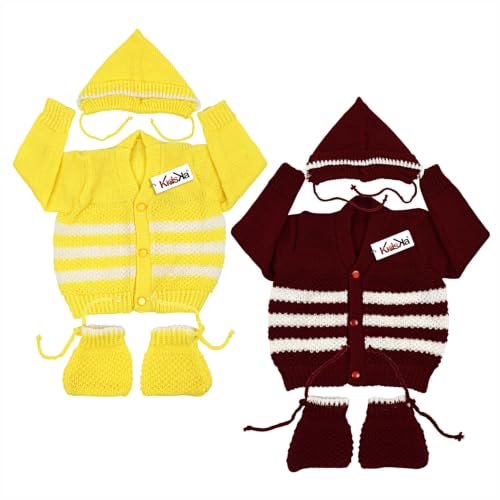 Image of Baby Woolen Knitted Sweater Set with Cap and Socks for Boys and Girls (Multicolor, 6 to 12 Months, Long Sleeve, V Neck, Regular Fit) 2x3 Pcs Set