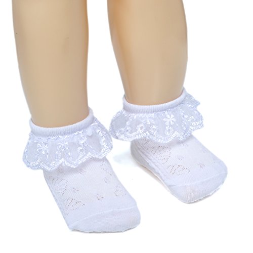 Epeius Baby-Girls Infant Eyelet Frilly Lace Socks Princess White/Pink (Pack of2) 3-12 Months White