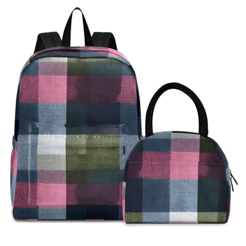 Colored Checkered Print Backpack Set with Lunch Bag, Large Capacity Travel Backpacks and Lunch Box Insulated for Commute Hiking Picnic