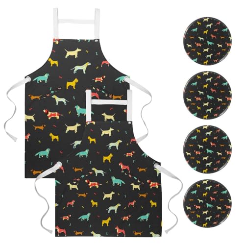 Tablier de cuisine à motif chiens et os colorés avec 4 broches pratiques