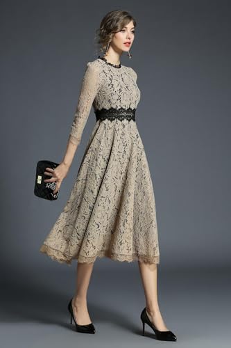 LAI MENG FIVE CATS Women's 3/4 Sleeve Elegant Floral Lace Cocktail Party Swing Midi Dance Dress2