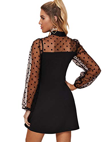 Romwe Women's Mesh Bishop Sleeve Mock Neck Solid Tunic Elegant Short Dress Dark Black Dots S #TOP1