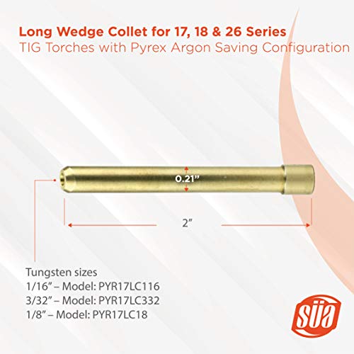 SÜA - Long Wedge Collet for 17, 18 & 26 Series TIG Torches with Fused Quartz Argon-Saving Configuration - Size: 1/8