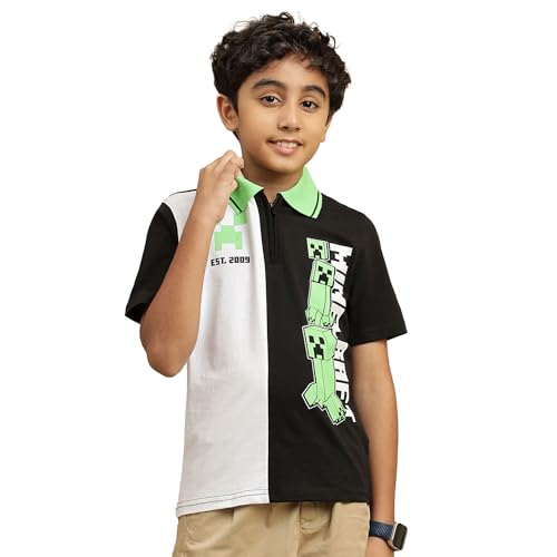 Image of Kidsville Official Minecraft Steve, Alex & Creeper Half Sleeves Round Neck Graphic Printed Regular Fit Pure Breathable Cotton Fabric Tshirt for Boys