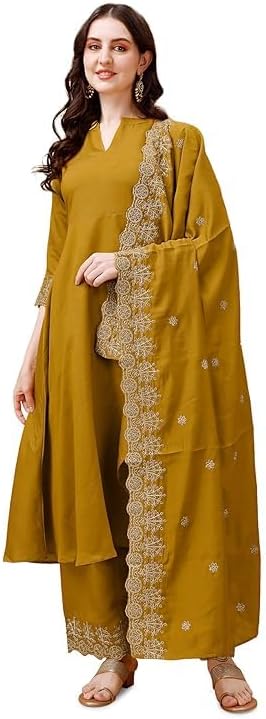 Kurta Set for Women Silk Embroidered Anarkali Kurta Set for Women with Palazzos and Dupatta