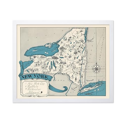 Poster Master Vintage New York State Print - Retro Map Poster - Educational Art - Gift for Teacher, Student, Travel Lover - Wall Decoration for Classroom, Office, Dorm - 8x10 White Framed
