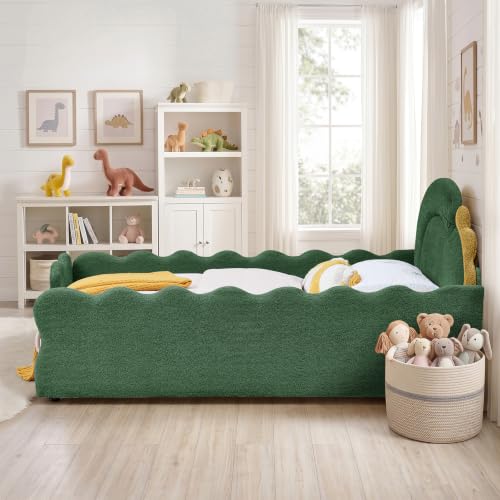 Image of Full Size Kids Bed with Dinosaur Headboard, Upholstered Boucle Fabric Twin Daybed with Slats Support & Side Pocket, Space-Saving Wooden Corner Sofa Couch Day Bed Frame for Girl, Boy, Teenager(Green)