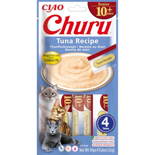 INABA Churu Senior Katzenleckerlis mit 30% Thunfisch, Omega 3 Fettsäuren aus Lachsöl, Taurin, Nur 7 kcal pro Tube Gesunde Katzen Leckerlies, Senior...