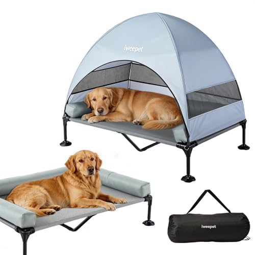 iweepet Upgraded 4 in1 Elevated Dog Cot with Removable Canopy & Bolster Pillows for Large & Extra Large Dog Cooling Raised Outdoor Dog Bed with Breathable Teslin Mesh Carry Bag for Camping Backyard