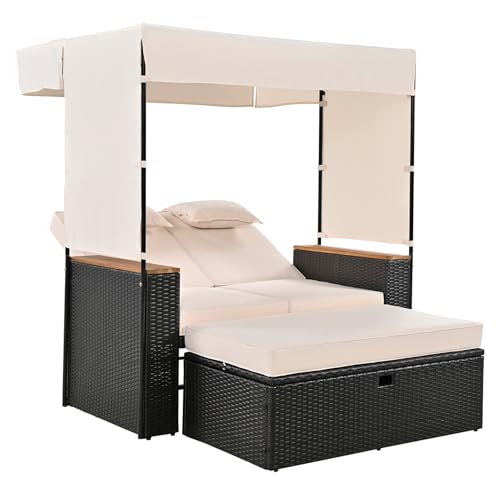 Llsmnba 2-Piece Outdoor Patio Daybed Furniture Set with Storage Ottoman & 3.9\" Thick Cushions, Rattan Sunbed with 5 Positions Adjustable Backrest, Lounge Chair for Poolside Garden