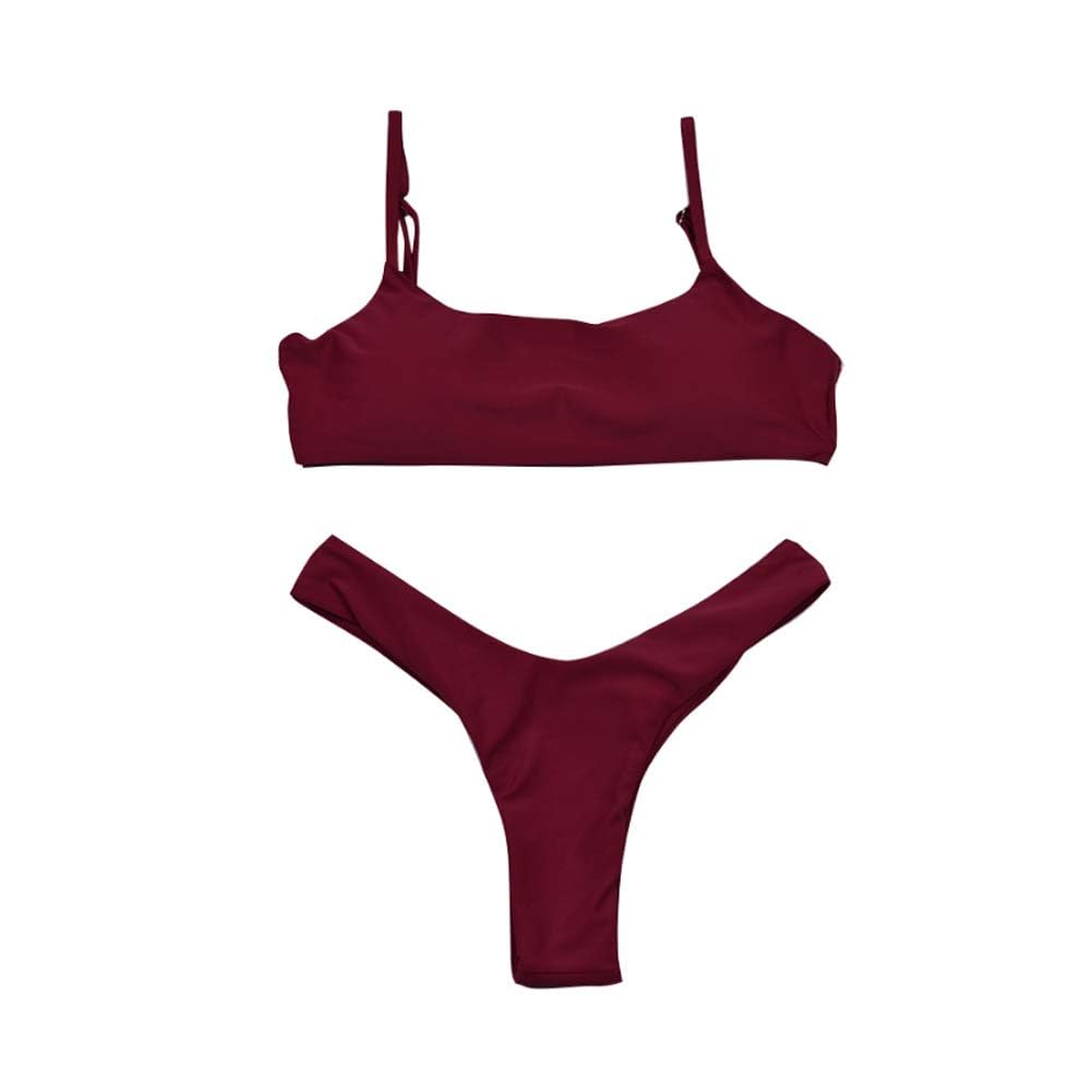 Meioro Bikini Set di costumi da bagno da donna a vita bassa a due pezzi costume da bagno senza bordo perizoma fondo costume da bagno - Rosso - S