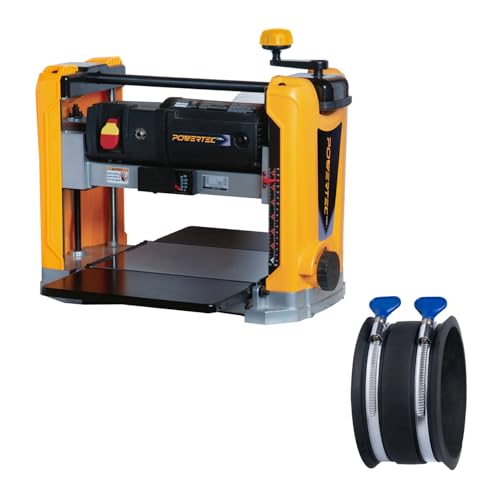 Image of POWERTEC PRO Benchtop Thickness Planer - 13" Workbench, 15 Amp, 3-Blade + Inch Dust Control Flex Cuff with Adjustable Key Hose Clamps