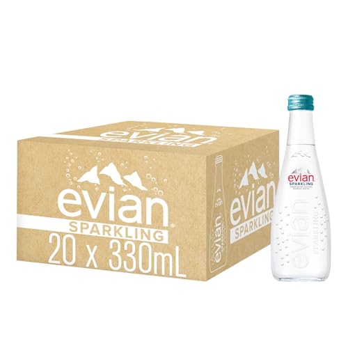 Image of evian Sparkling Carbonated Natural Mineral Water 330ml Glass Bottle, Case of 20 Bottles, Naturally Filtered Drinking Water, Sparkling Water Crafted by Nature