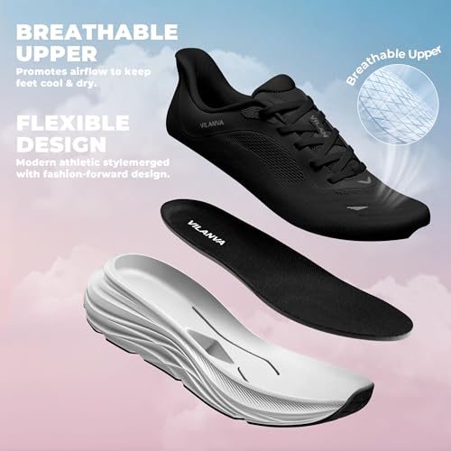 Vilanva Women's Comfortable Black Walking Shoes Cushion Running Tennis Shoes Non-Slip Workout Gym Athletic Breathable Trendy Fashion Sneakers Size 7.5 — view 6