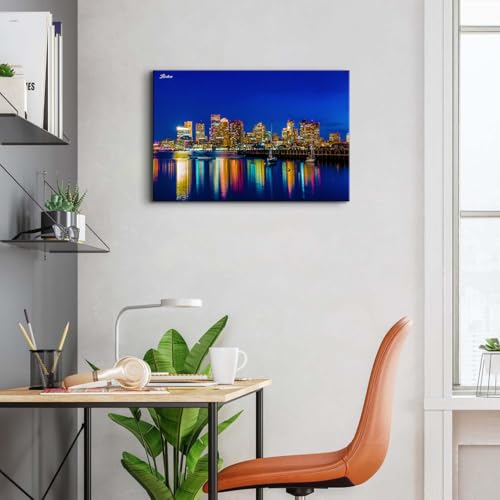 Image of City Canvas Wall Art for Living Room USA Boston Photography Wall Pictures Bedroom Decor Neon Night Cityscape Paintings Prints Modern Urban Skyscraper Artwork Kitchen Office Bedroom Decorations 16x24 inch