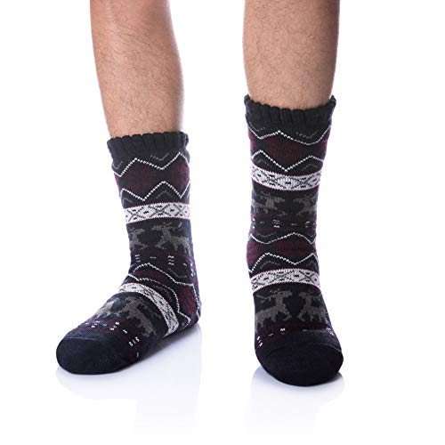 Men's Fleece Lined Cozy Extra Thick Slipper Socks Winter Non-Slip Fuzzy Home Sleeping Stockings (Dark Blue)