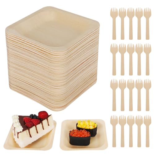 CONLI 100 Pcs Disposable Palm Leaf Bowls Square Bamboo Appetizer Plates Compostable Wood Plates with Bamboo Forks for Birthday Wedding Party Dessert Catering and Home Use (4.4 x 4.4x0.5 Inch)