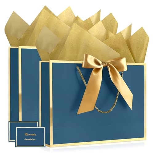 Image of JMANNI Gift Bags with Handles, 13 inch Medium Gift Bags with Tissue Paper | 2 Pcs Blue Bags, 4 Tissue Paper and 2 Cards, for Baby Shower, Wedding Bridal Shower, Birthday Party