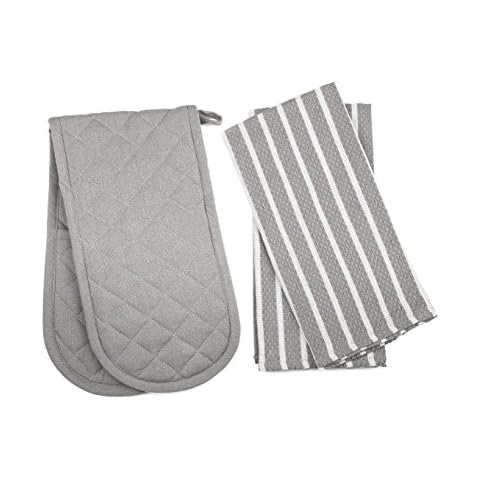 Penguin Home® - 3 Piece Oven Glove & Tea Towel Set - 100 % Cotton Stylish Design & Colour - Soft & Durable - Machine Washable - Grey Cover