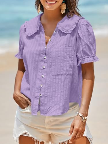 Image of Tankaneo Womens Puff Sleeve Shirts Peter Pan Collar Button Down Cotton Blouse Casual Summer Textured Tops