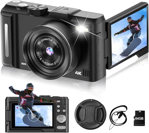 Digital Camera 4K for Photography, 50MP Vlogging Camera for YouTube Video with Flash and 3" 180&deg; Flip Screen, 18X Digital Zoom Compact Travel Cameras with 64GB TF Card for Teens Beginner (Black)