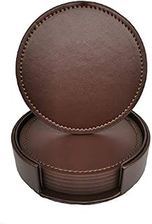 Drink Coasters by Alyssa Set of 6 for Coffee Drink, Premium PU Leather Coaster with Holder, Tabletop Protection, Housewarming Gift, 10 cm (Brown)