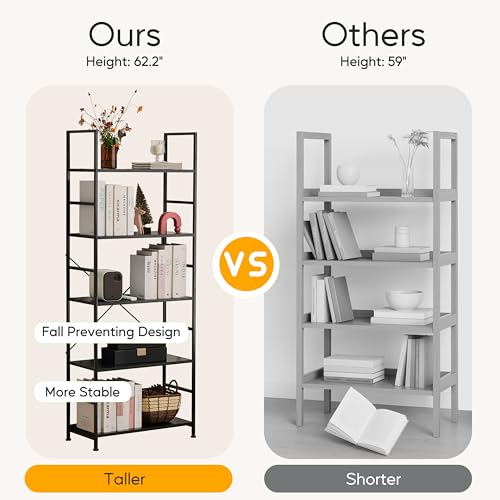 Image of HealSmart 5 Tier Bookshelf, Free Standing Book Shelf Home Office Bookcase Shelf Storage Organizer for Bedroom, Living Room, Bathroom, Office, Balcony, Black