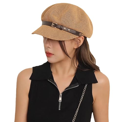 Clecibor Newsboy Caps Straw Cap Straw Beach Hats for Women Breathable Straw Mesh Octagonal Cap Summer Hats for Women Brown