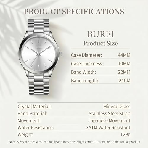 Image of BUREI Men's Wrist Watch, Analog Stainless Steel Dress Waterproof Quartz Watch for Men with Japanese Movement,Refined Gifts for Men, Boyfriend, Husband, Dad