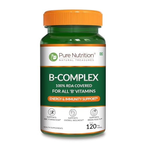 Image of Pure Nutrition Vitamin B Complex Supplements with 100% RDA of B1, B2, B3, B5, B6, B9 | Boosts Immunity, Supports Hair Growth, Energy & Overall Health for Men & Women - 120 Veg Tabs