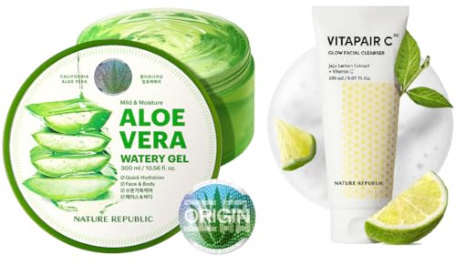 Nature Republic Aloe Vera Gel 92% & Vitamin Cleanser Set - Hydrating Moisturizer and Facewash, Daily Makeup Remover, Natural Cleanser