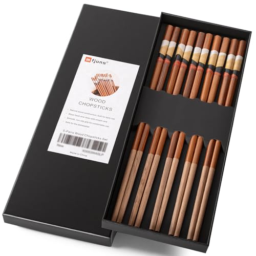 Image of MFJUNS Natural Wood Chopsticks 5 Pairs Set, Chinese Style Vintage Pattern Reusable Chopsticks, 9.5 Inch Non Slip Solid Wood Chop Sticks, No Paint No Wax, for Sushi Ramen Hot Pot Kitchen Daily Dining