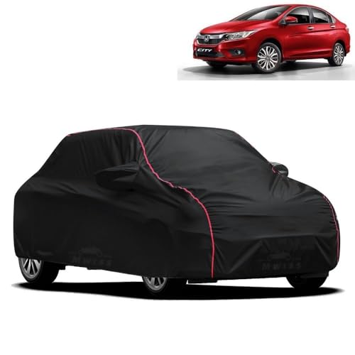 Image of Waterproof Car Cover for Honda City ZX | All-Weather Protection, Dustproof & UV Resistant | Triple Stitched Mirror Pockets, Windproof Buckle Strap with Elastic Hem, Black-Red Piping