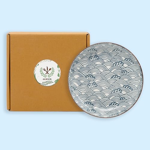 Image of Japanese Style 8-Inch Ceramic Round Dinner Plate - Microwave & Dishwasher Safe, 20.4x4.3cm Porcelain Dish for Seafood, Appetizers & Snacks, Waves (1 Piece)