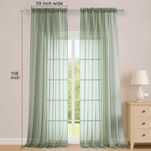 Image of OWENIE Sage Green Sheer Curtains 108 Inches Long for Living Room Bedroom 2 Panels Set, Lightweight Airy Sage Green Sheer Curtain, Filmy Rod Pocket, 2 PCS, Each 59 inch W x 108 inch L