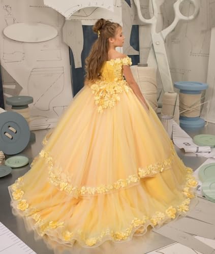 Tulle Pageant Dress for Girls Off The Shoulder Flower Girl Dresses 3D Floral Princess Ball Gown First Communion Dress3