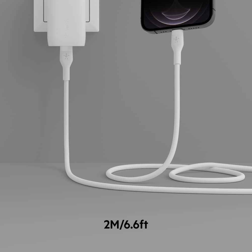Belkin BoostCharge Flex Silicone USB-C to Lightning Cable (2M/6.6FT), MFi-Certified Charging Cable for iPhone Series with Cable Clip - White