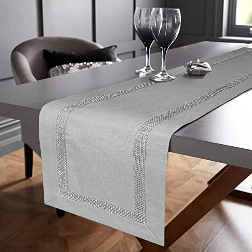 Weharts 14 X 70 Inch Long Polyester Table Runner With Diamante Strip, Rectangular Shiny Dining Table Cloth For Home Kitchen Party Wedding Festival Christmas Decorations(Light Grey) #TOP1