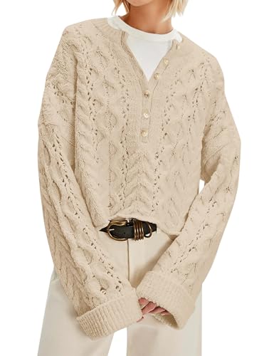 MISSACTIVER Hollow Cable Knit Sweater for Women Long Sleeve Button Henley Neck Knit Pullovers Loose Drop Shoulder Jumper Tops