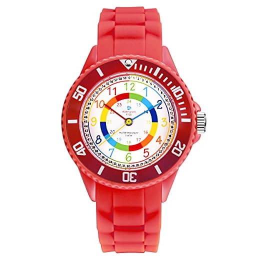 Alienwork Kids Lernuhr Kinderuhr Mädchen Uhrzeit Lernen Rot Silikon-Armband Kinder-Uhr Wasserdicht 5 ATM Zeit Lernen