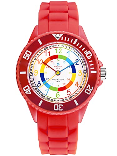 Alienwork Kids Orologio di Apprendimento Bambini Ragazze Rosso Bracciale in Silicone Multicolore bambini Impermeabile 5 ATM Tempo di Apprendimento