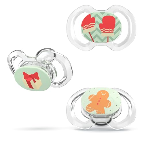 Smilo Baby Christmas Pacifier - 3 Pack of Slimline Dummies for Babies from 9+ Months - 100% Silicone Glow in the Dark Binky BPA Free - Christmas Time